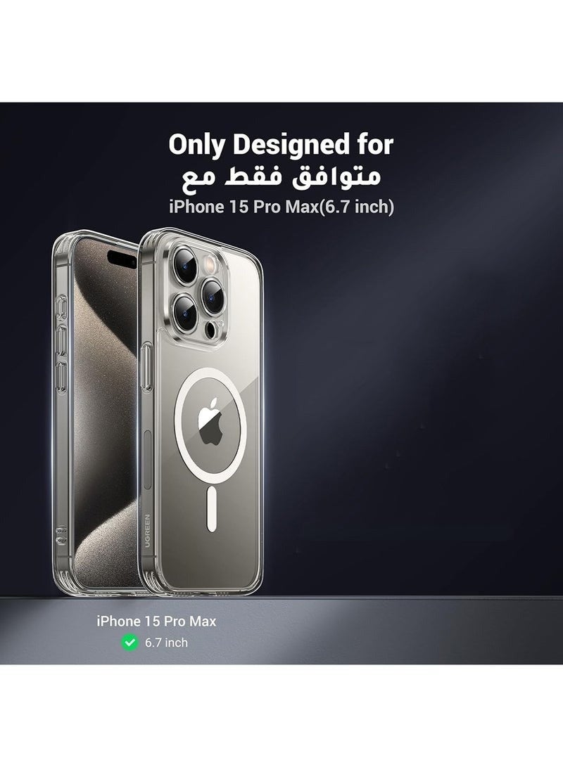 مجيد جراب ماج سيف لهاتف آيفون 15 برو ماكس، مزود بمغناطيسات N52 فائقة القوة، حماية مقاومة للصدمات بمستوى عسكري، مقاوم للاصفرار والخدوش، تصميم نحيف للغاية، غطاء ماج سيف مغناطيسي شفاف لهاتف آيفون 15 برو ماكس - Image 1